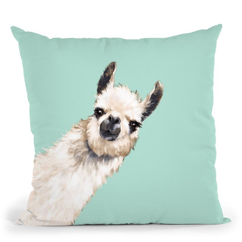 Sneaky Llama Green Throw Pillow by Big Nose Work