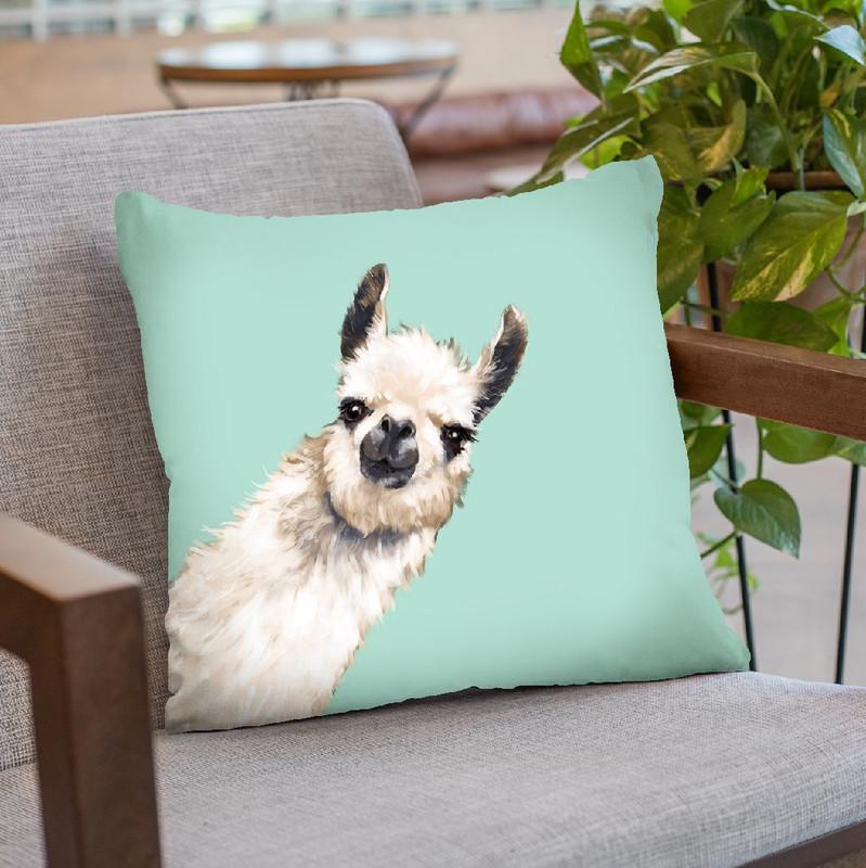 Sneaky Llama Green Throw Pillow by Big Nose Work