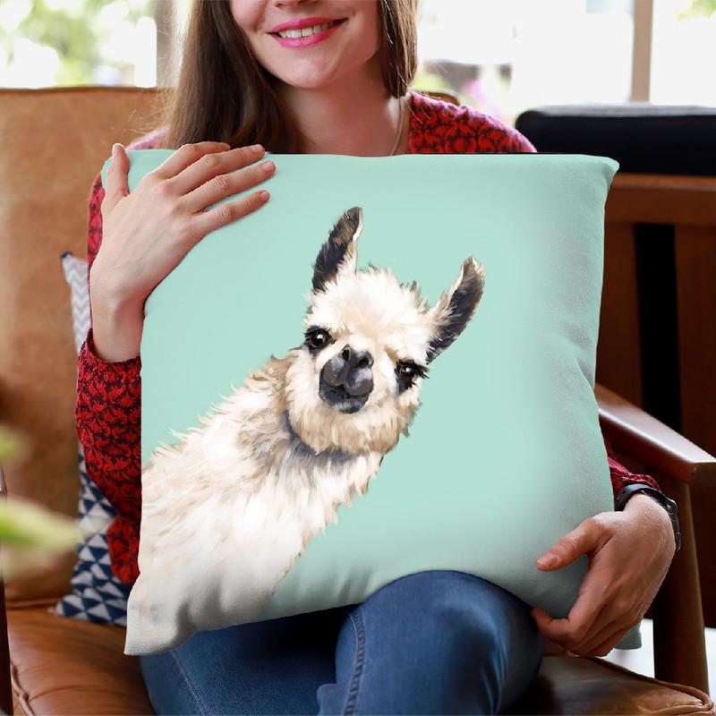Sneaky Llama Green Throw Pillow by Big Nose Work