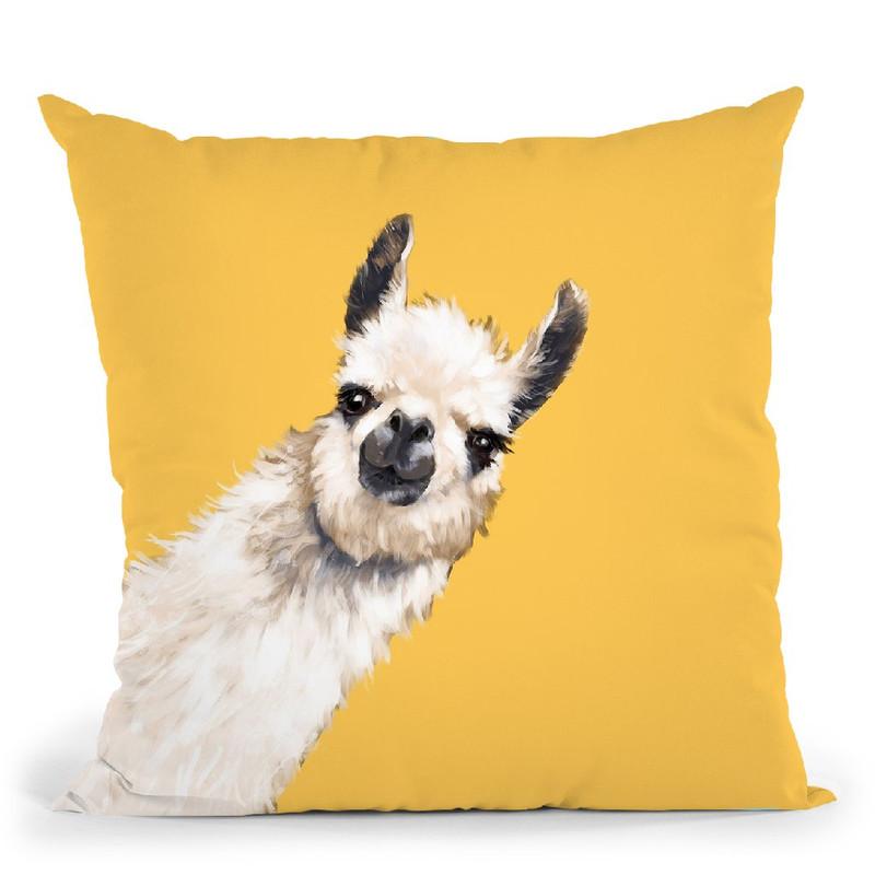 Sneaky Llama in Yellow Throw Pillow by Big Nose Work