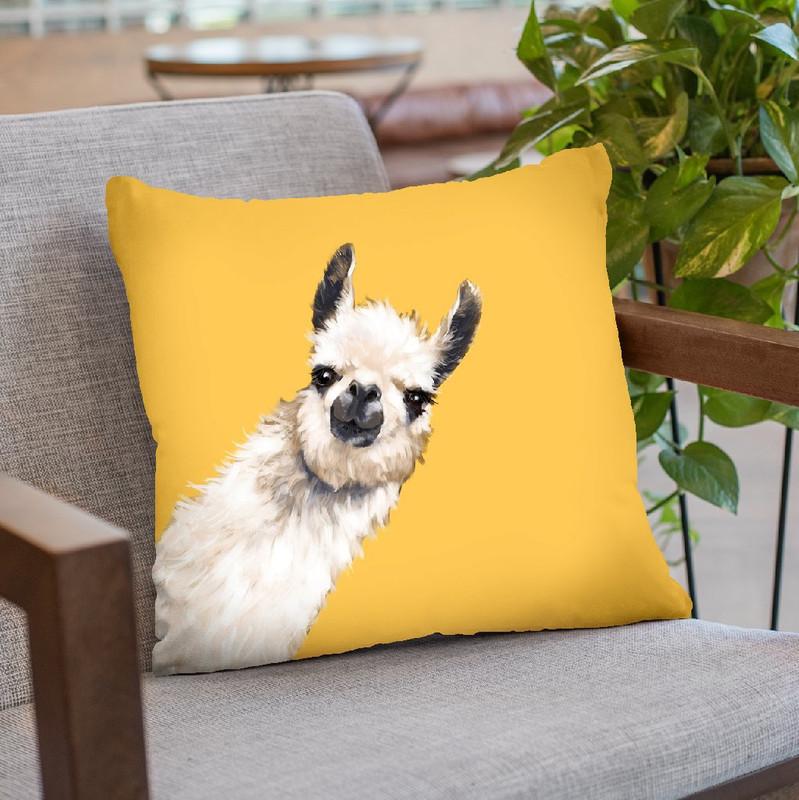 Sneaky Llama in Yellow Throw Pillow by Big Nose Work