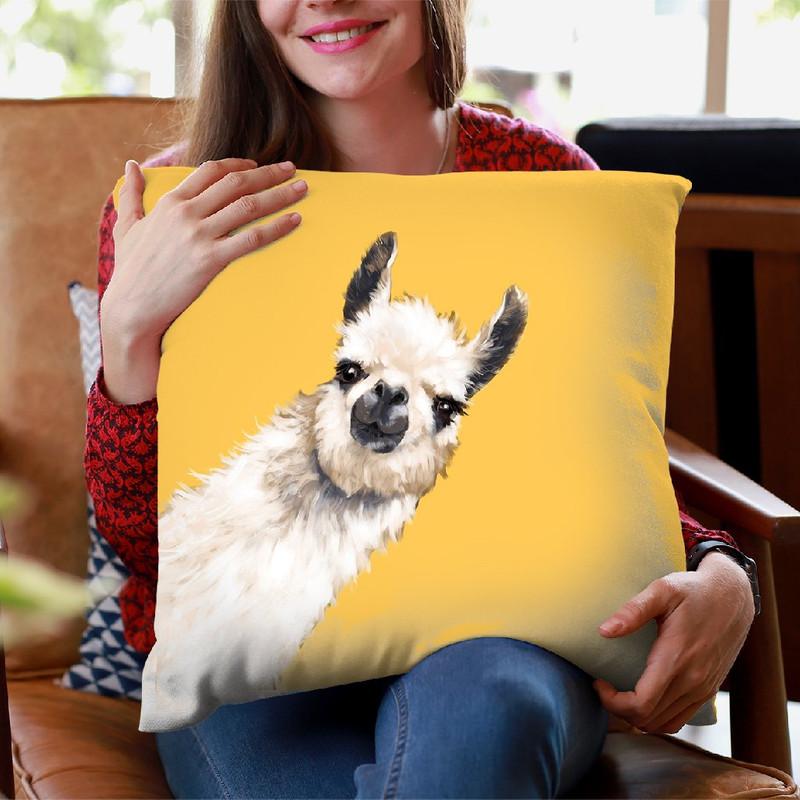 Sneaky Llama in Yellow Throw Pillow by Big Nose Work