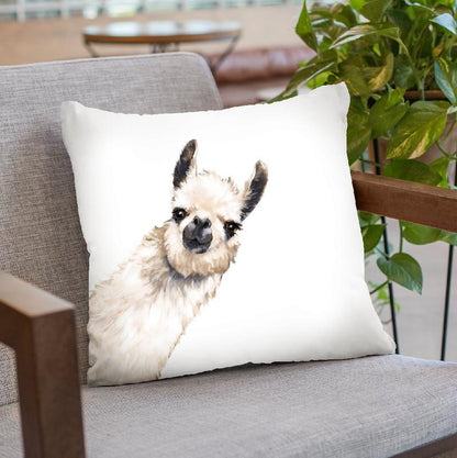 Sneaky Llama White Throw Pillow by Big Nose Work