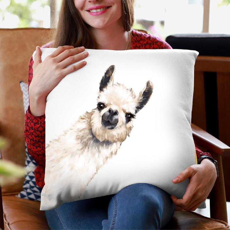 Sneaky Llama White Throw Pillow by Big Nose Work
