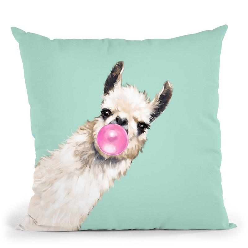 Sneaky Llama with Bubble Gum in Green Throw Pillow by Big Nose Work