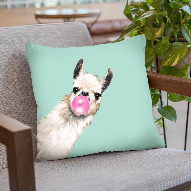 Sneaky Llama with Bubble Gum in Green Throw Pillow by Big Nose Work