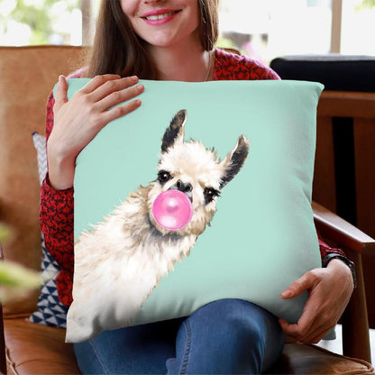Sneaky Llama with Bubble Gum in Green Throw Pillow by Big Nose Work