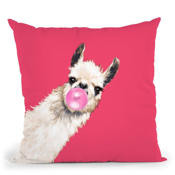 Sneaky Llama with Bubble Gum in Red Throw Pillow by Big Nose Work