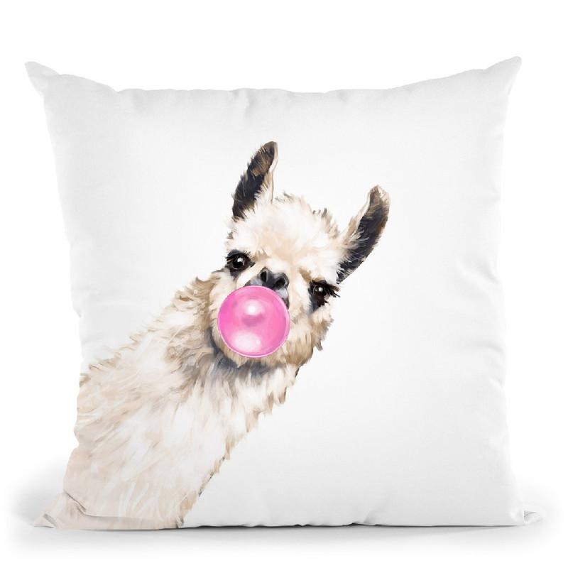 Sneaky Llama with Bubble Gum in White Throw Pillow by Big Nose Work