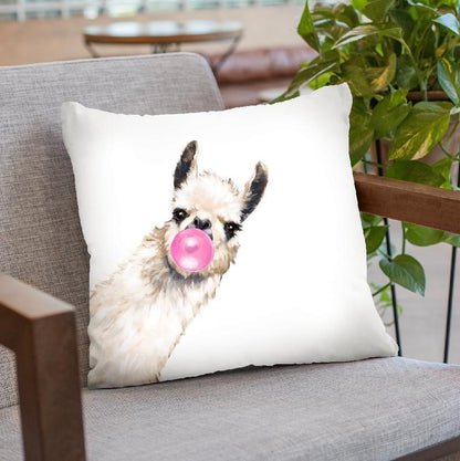 Sneaky Llama with Bubble Gum in White Throw Pillow by Big Nose Work
