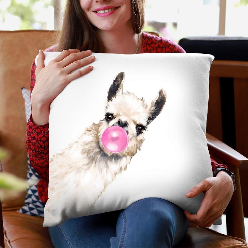 Sneaky Llama with Bubble Gum in White Throw Pillow by Big Nose Work