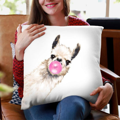 Sneaky Llama with Bubble Gum in White Throw Pillow by Big Nose Work
