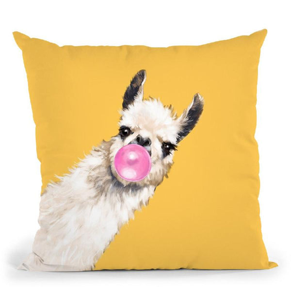 Sneaky Llama with Bubble Gum in Yellow Throw Pillow by Big Nose Work