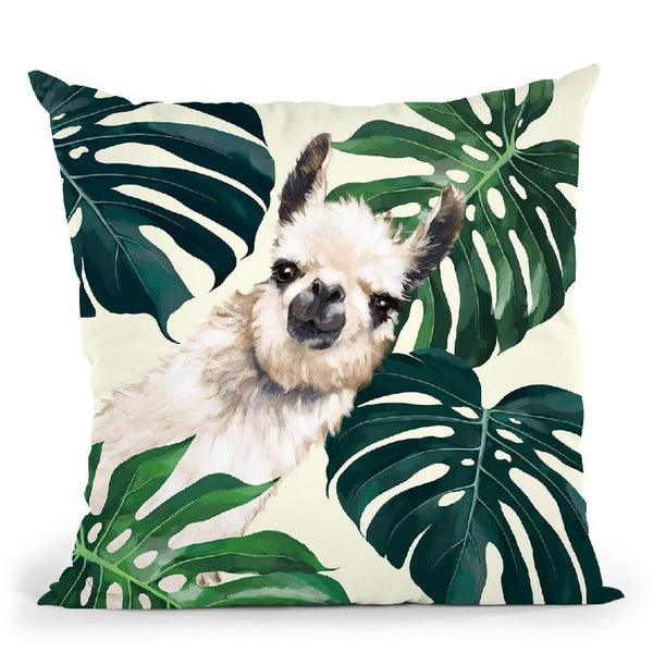Sneaky Llama with Monstera Throw Pillow by Big Nose Work