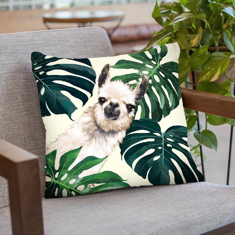 Sneaky Llama with Monstera Throw Pillow by Big Nose Work