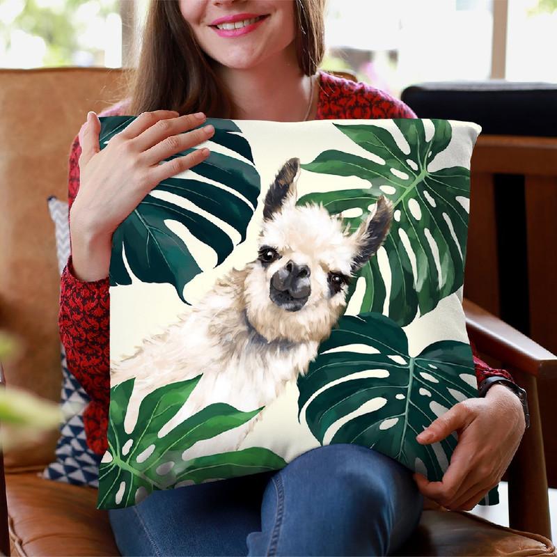 Sneaky Llama with Monstera Throw Pillow by Big Nose Work