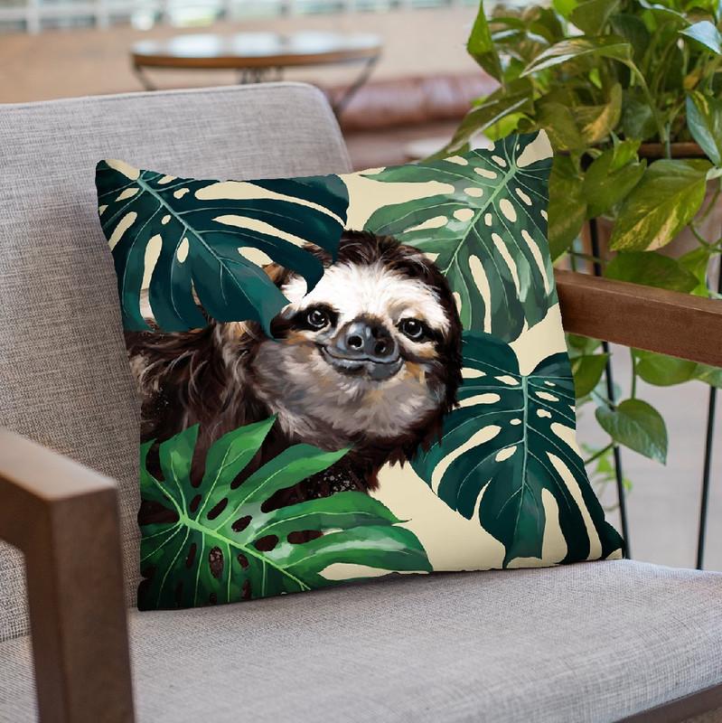 Sneaky Sloth with Monstera Throw Pillow by Big Nose Work