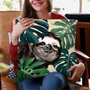 Sneaky Sloth with Monstera Throw Pillow by Big Nose Work