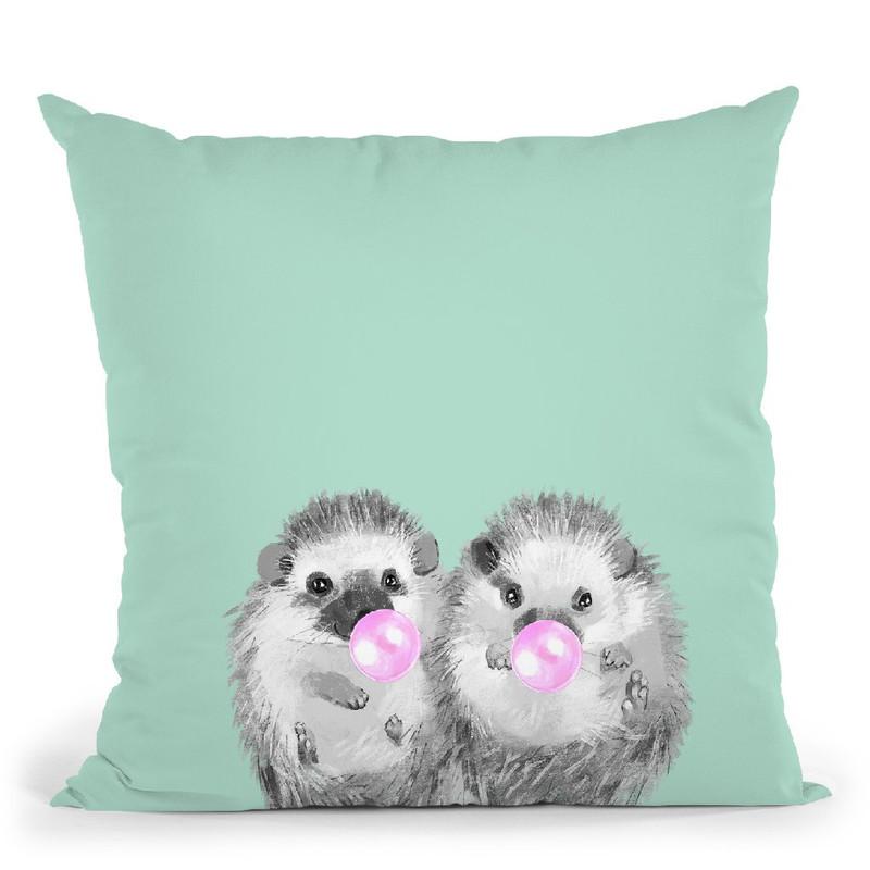 Twin Hedgehogs with Bubble Gum Black and White in Green Throw Pillow by Big Nose Work
