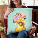 Yellow Duckling with Flower Crown in Green Throw Pillow by Big Nose Work