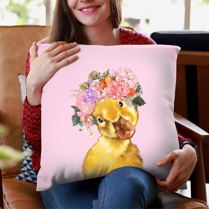 Yellow Duckling with Flower Crown in Pink Throw Pillow by Big Nose Work