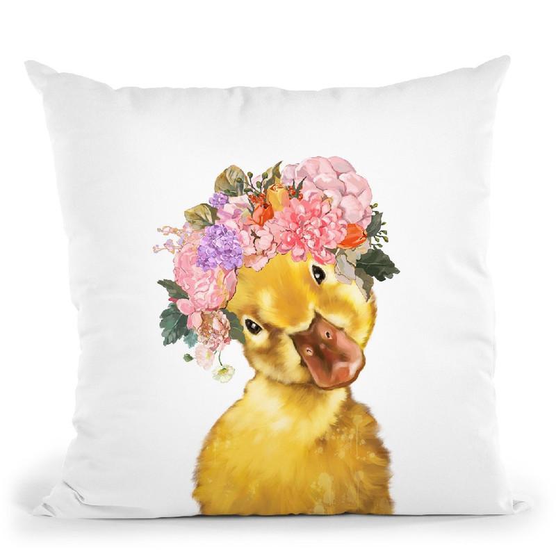 Yellow Duckling with Flower Crown Throw Pillow by Big Nose Work