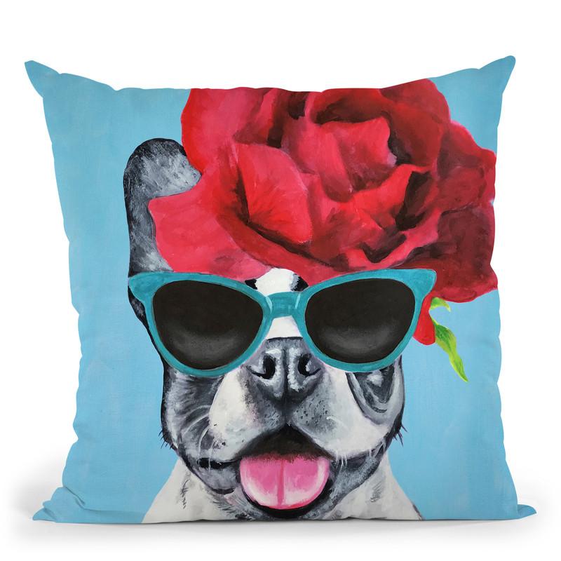 Flower Power Bulldog Blue Throw Pillow By Coco De Paris