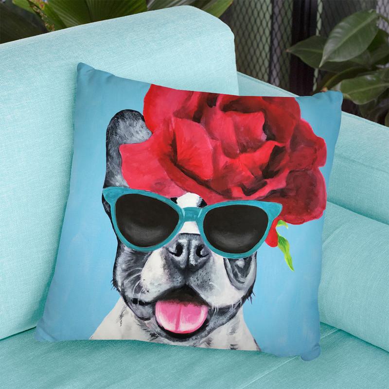 Flower Power Bulldog Blue Throw Pillow By Coco De Paris