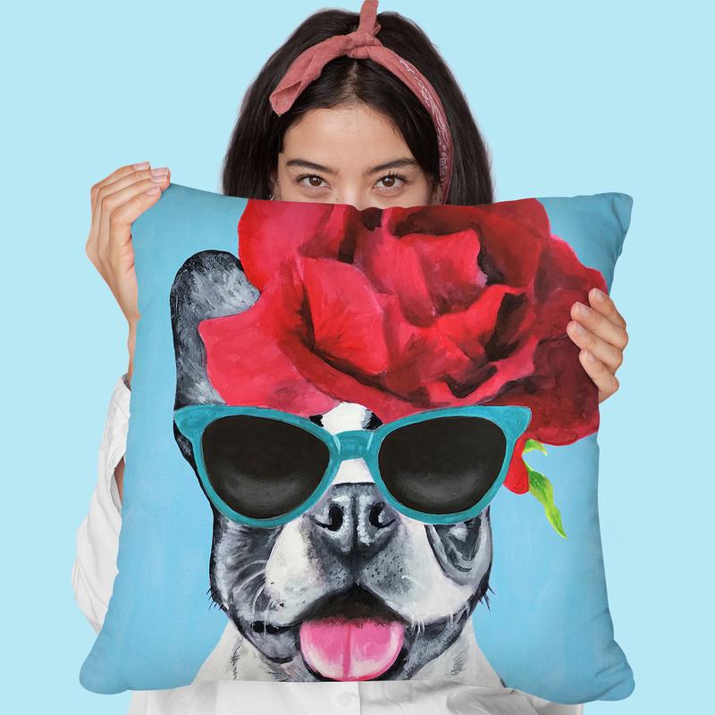 Flower Power Bulldog Blue Throw Pillow By Coco De Paris