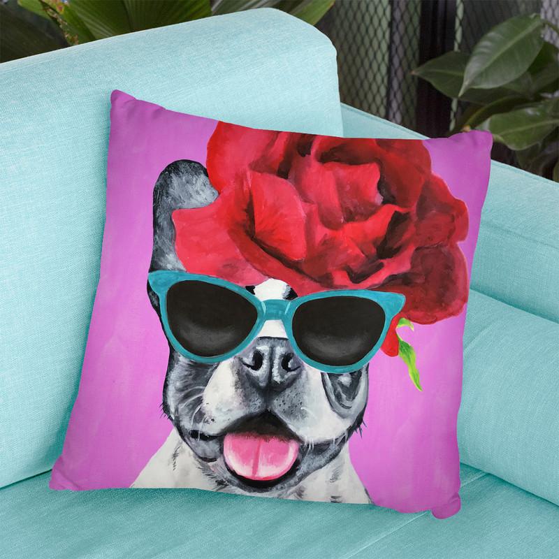 Flower Power Bulldog Fushia Throw Pillow By Coco De Paris