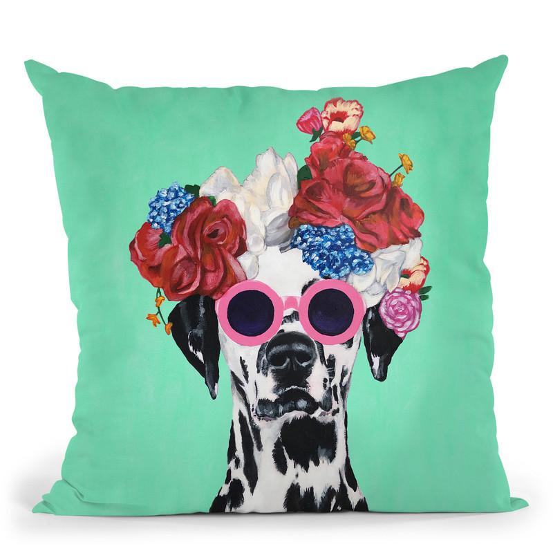 Flower Power Dalmatian Green Throw Pillow By Coco De Paris