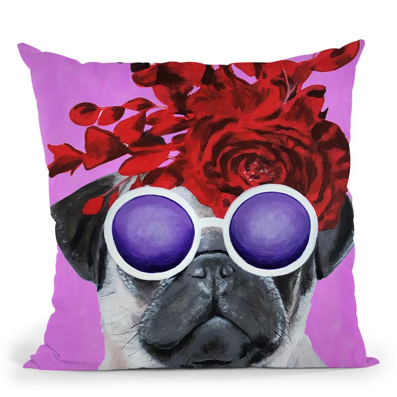 Flower Power Pug Fushia Throw Pillow By Coco De Paris