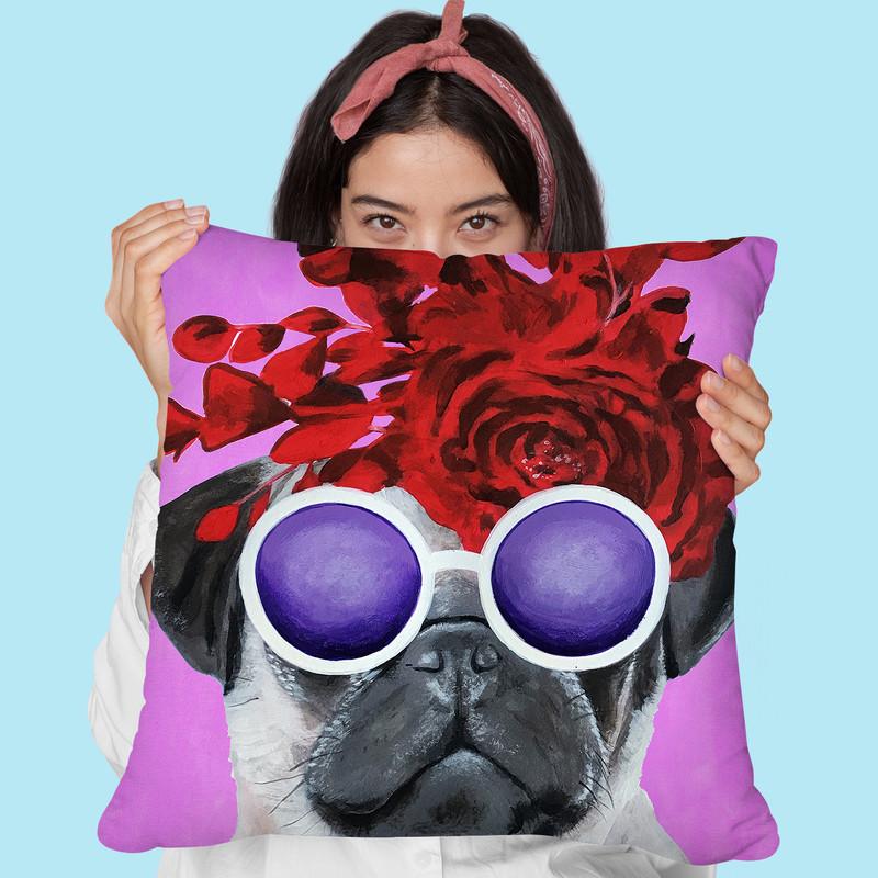 Flower Power Pug Fushia Throw Pillow By Coco De Paris