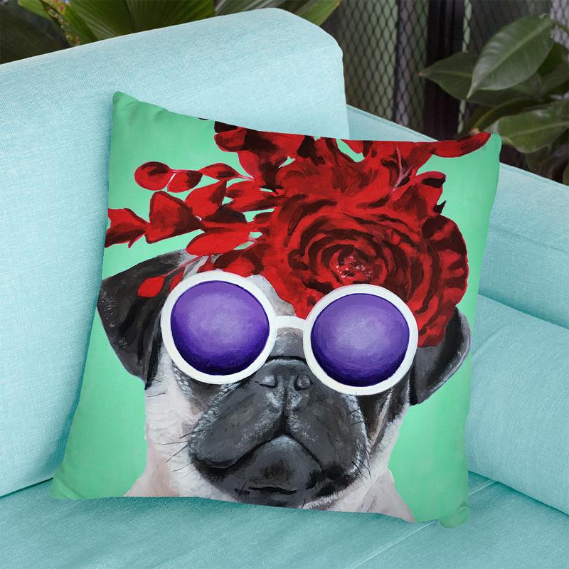 Flower Power Pug Green Throw Pillow By Coco De Paris