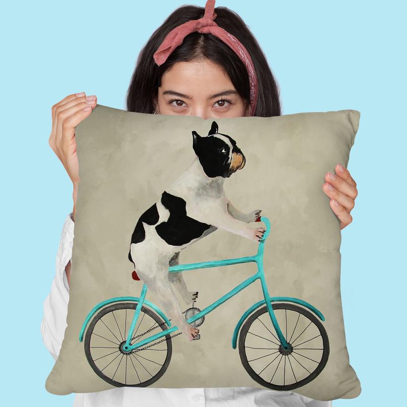 French Bulldog On Bicycle Throw Pillow By Coco De Paris