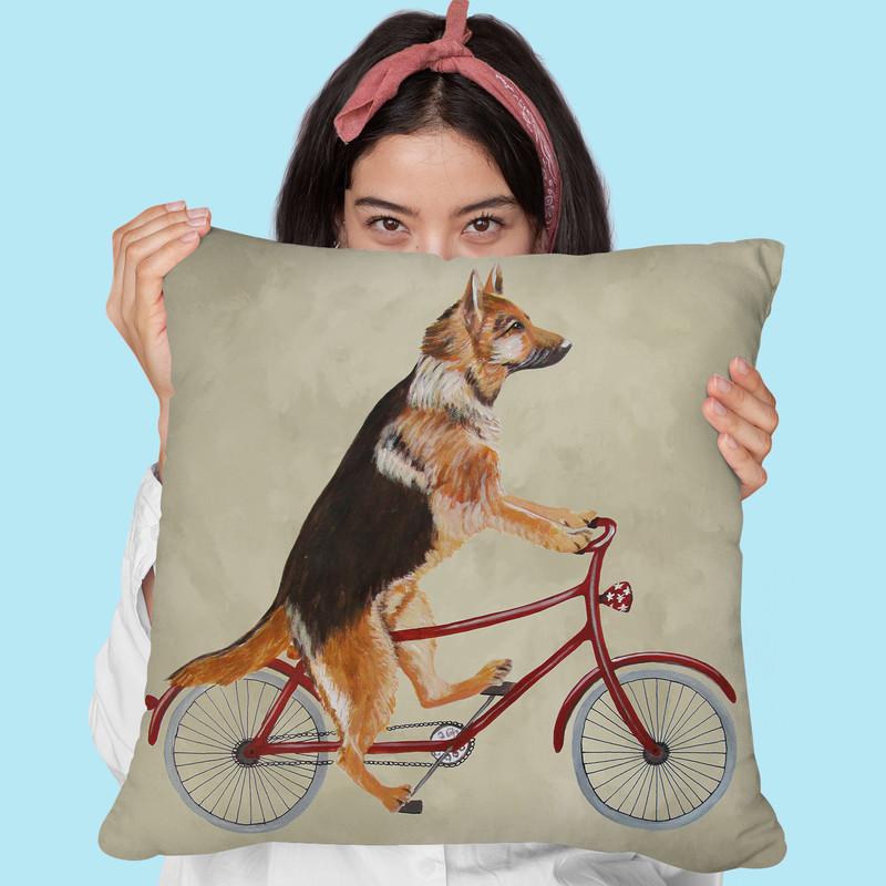 German Shepherd On Bicycle Throw Pillow By Coco De Paris