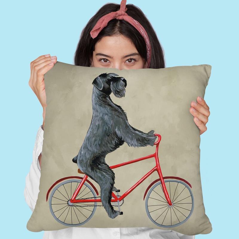 Schnauzer On Bicycle Throw Pillow By Coco De Paris