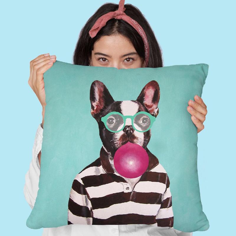 Bulldog With Bubblegum Throw Pillow By Coco De Paris