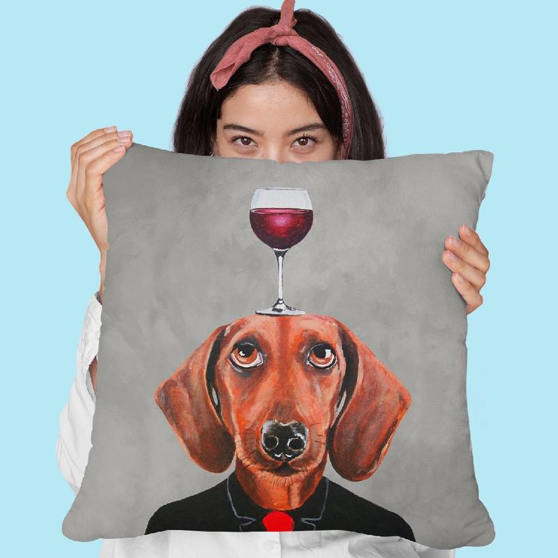 Daschund With Wineglass Throw Pillow By Coco De Paris