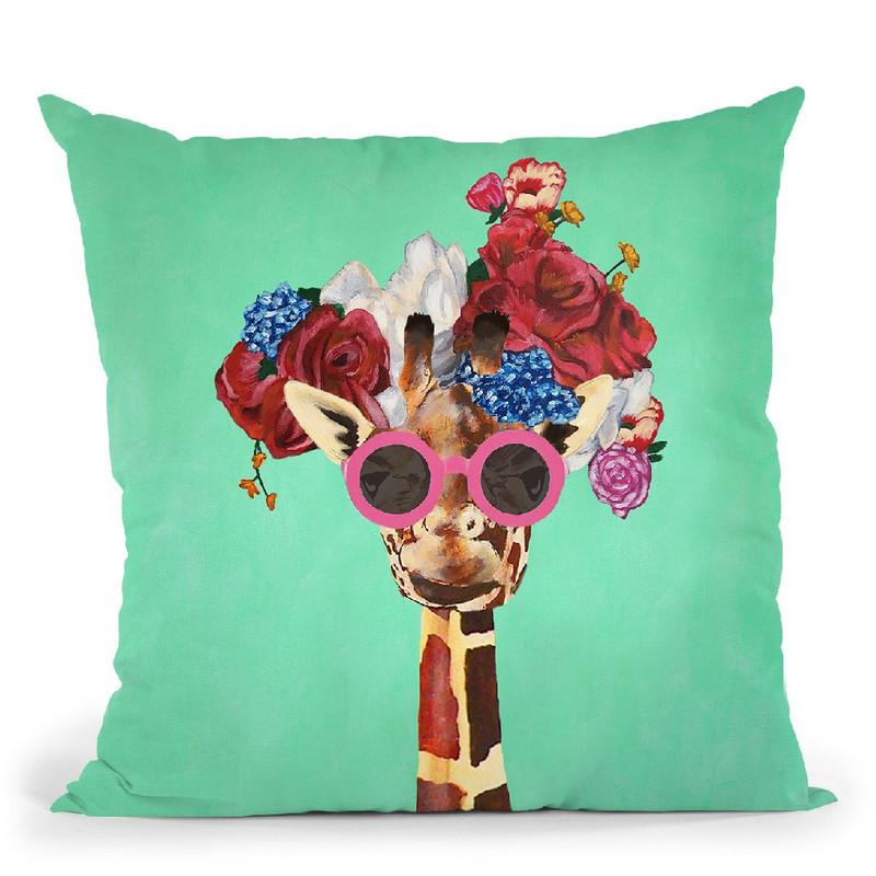 Flower Power Girafe Turquoise Throw Pillow By Coco De Paris