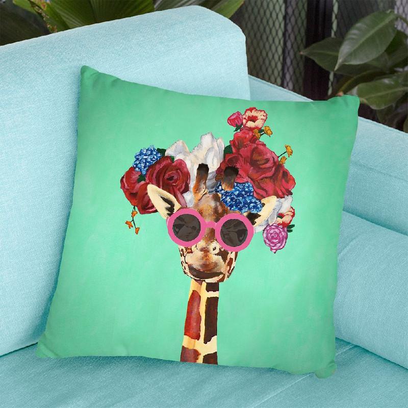 Flower Power Girafe Turquoise Throw Pillow By Coco De Paris