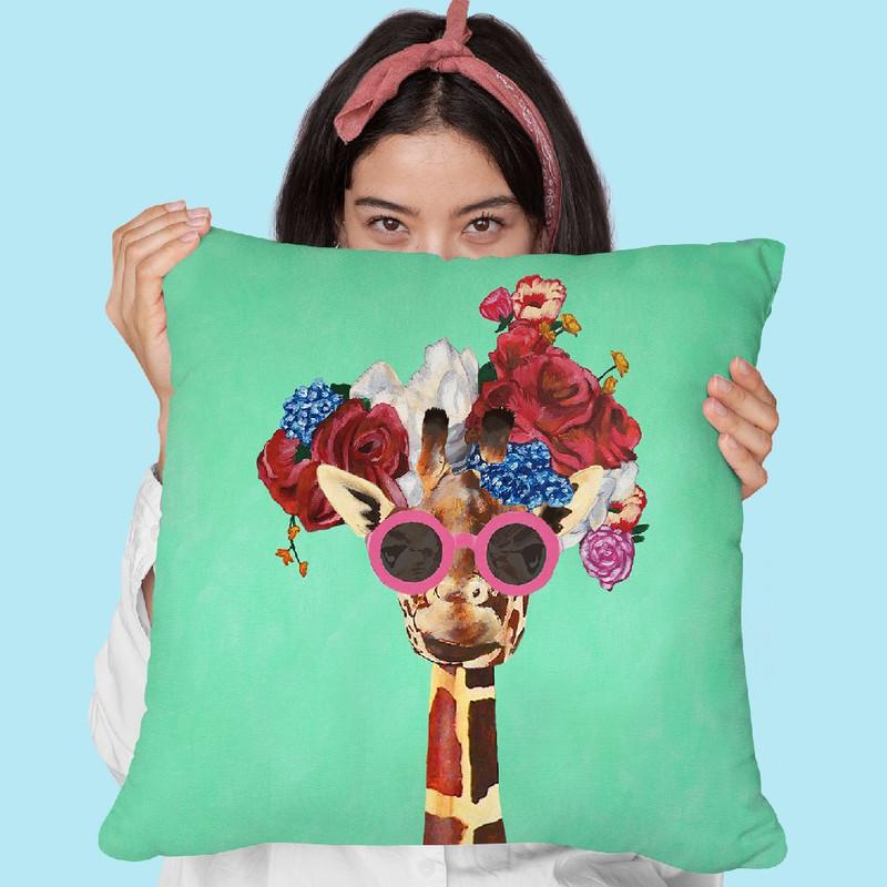 Flower Power Girafe Turquoise Throw Pillow By Coco De Paris