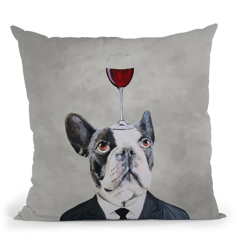 Frenchie With Wineglass Throw Pillow By Coco De Paris