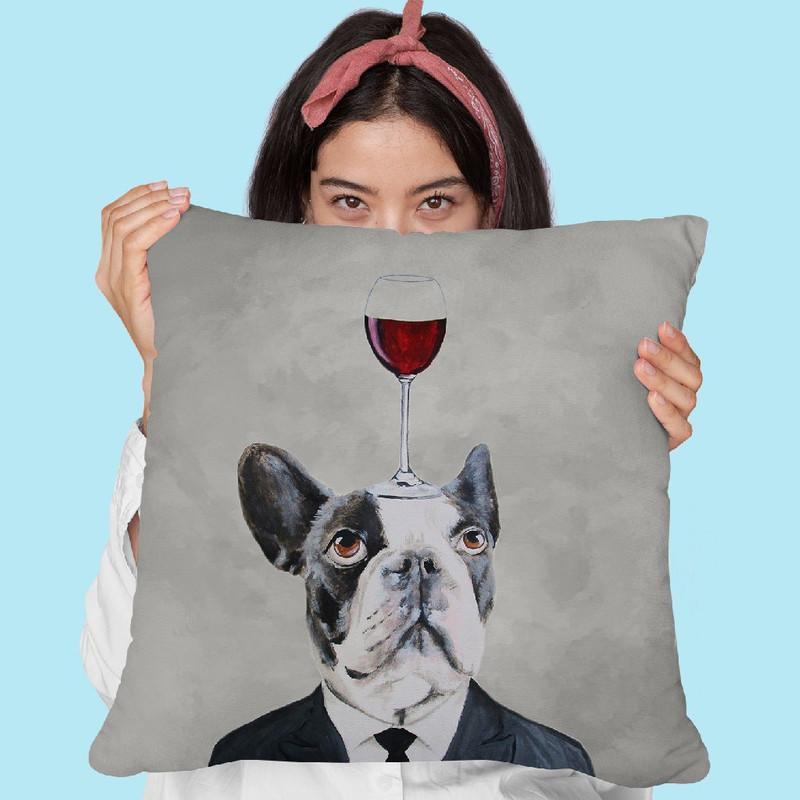 Frenchie With Wineglass Throw Pillow By Coco De Paris
