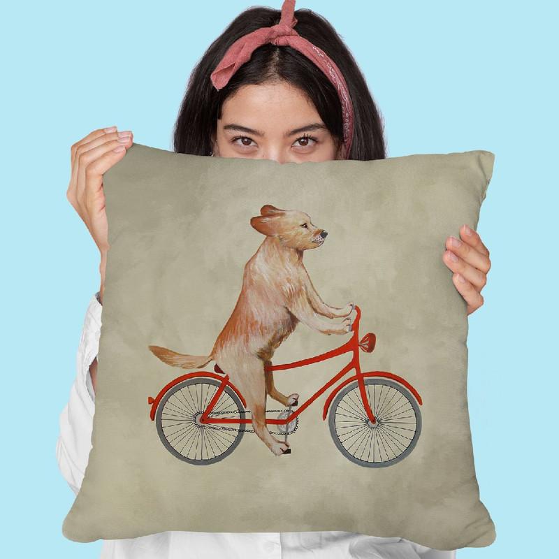 Golden Retriever On Bicycle Throw Pillow By Coco De Paris