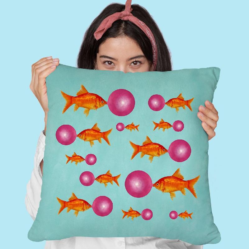 Goldfishes With Bubblegum Throw Pillow By Coco De Paris