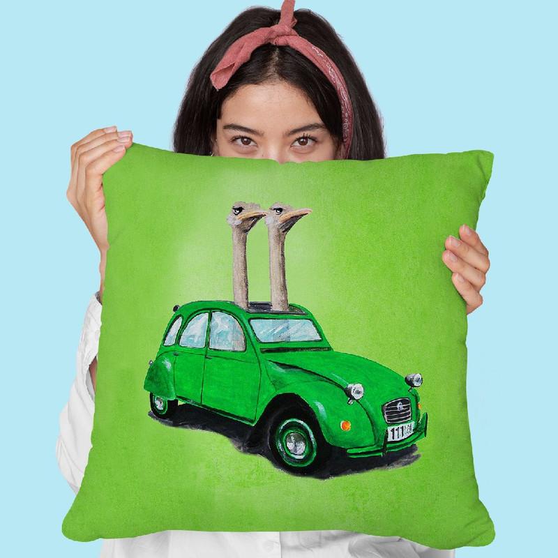 Ostriches In A Car Throw Pillow By Coco De Paris