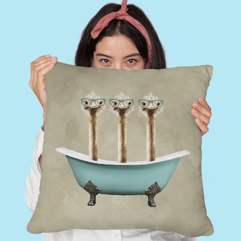 Ostriches In Bathtub Throw Pillow By Coco De Paris