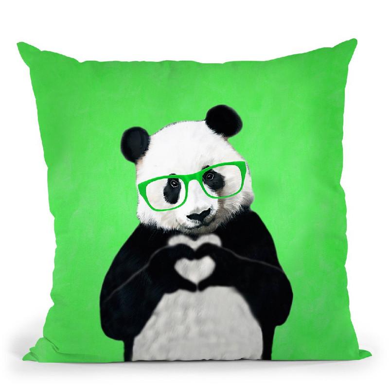 Panda With Fingerheart Green Throw Pillow By Coco De Paris