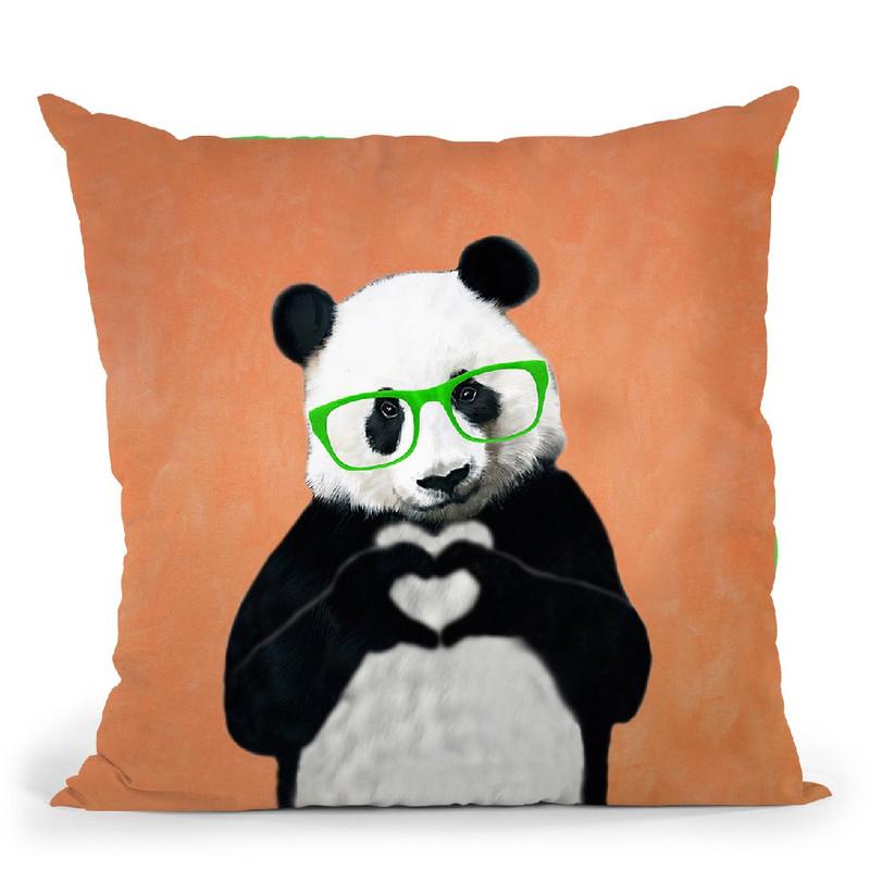 Panda With Fingerheart Orange Throw Pillow By Coco De Paris
